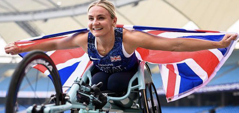 British wheelchair racer draped in the Union Jack