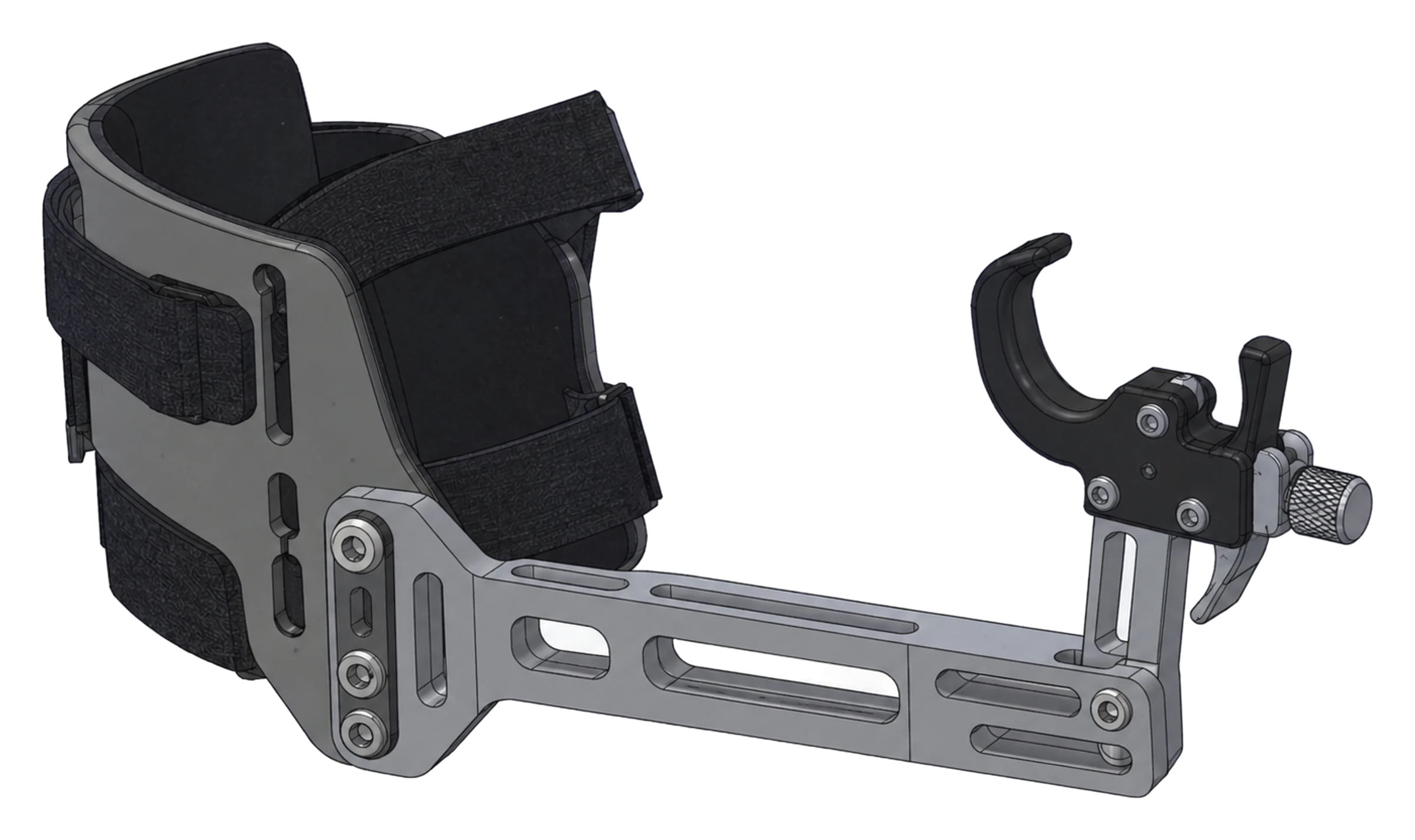 Forearm grip cuff: a padded forearm cuff with two straps, joined by a slotted arm to a hook with a quick-release latch.